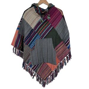Patchwork Hooded Poncho Multi-Color Fringe Boho Woven Cotton Hippie Festival